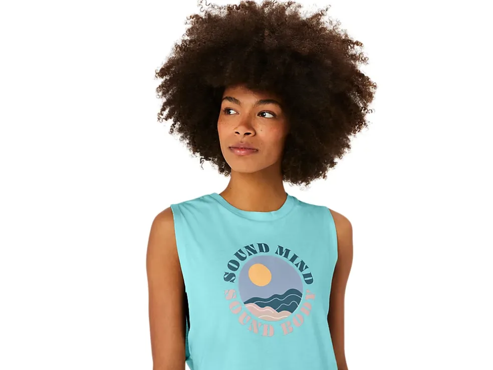 Fashion ASICS SUN IN THE SKY SLOGAN MUSCLE TEE Clear Blue