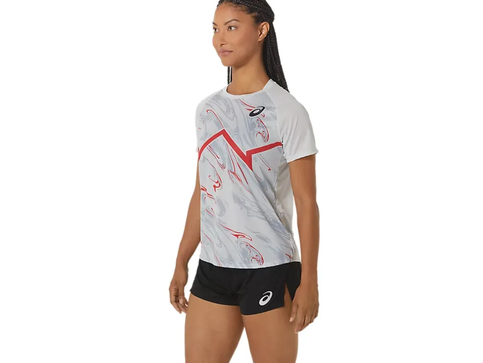 Discount ASICS CJ-LINE LIGHT SHORT SLEEVE TOP Glacier Grey/Electric Red