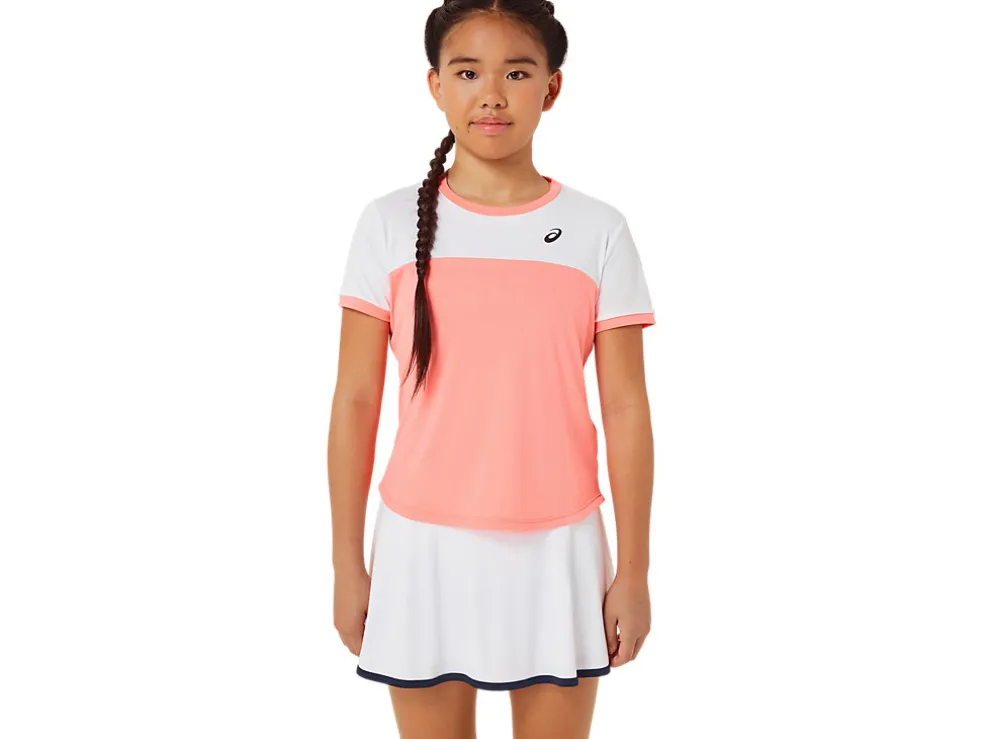 Shop ASICS KIDS; TENNIS SHORT SLEEVE TOP Guava/Brilliant White