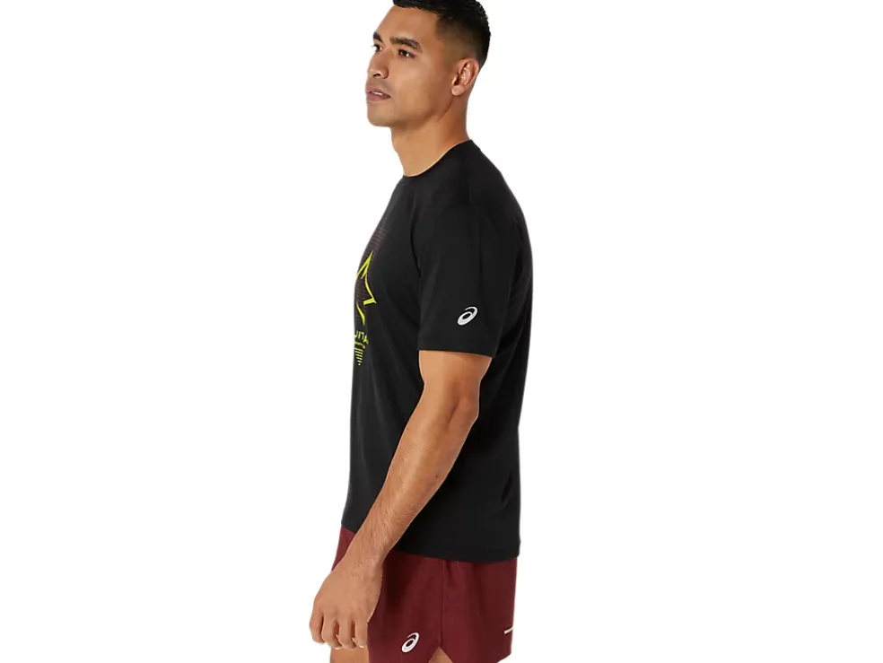 Best Sale ASICS MEN FUJITRAIL LOGO SHORT SLEEVE TOP Performance Black/Antique Red/Neon Lime