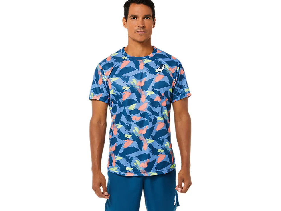 New ASICS MEN MATCH GRAPHIC SHORT SLEEVE TOP Light Indigo