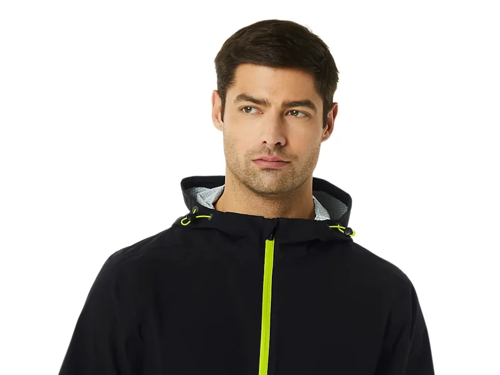 Cheap ASICS MEN WATERPROOF JACKET Performance Black/Lime Zest