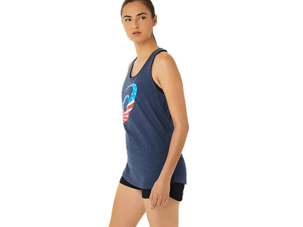 Sale ASICS SPIRAL A STARS AND STRIPES SHORT SLEEVE Peacoat Heather
